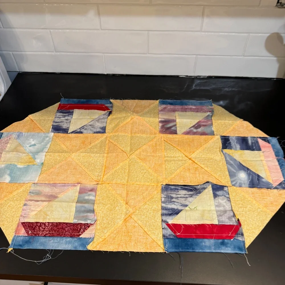 Handmade Quilted Table Runner Small Yellow Blue Sailboat Nautical Patchwork Art